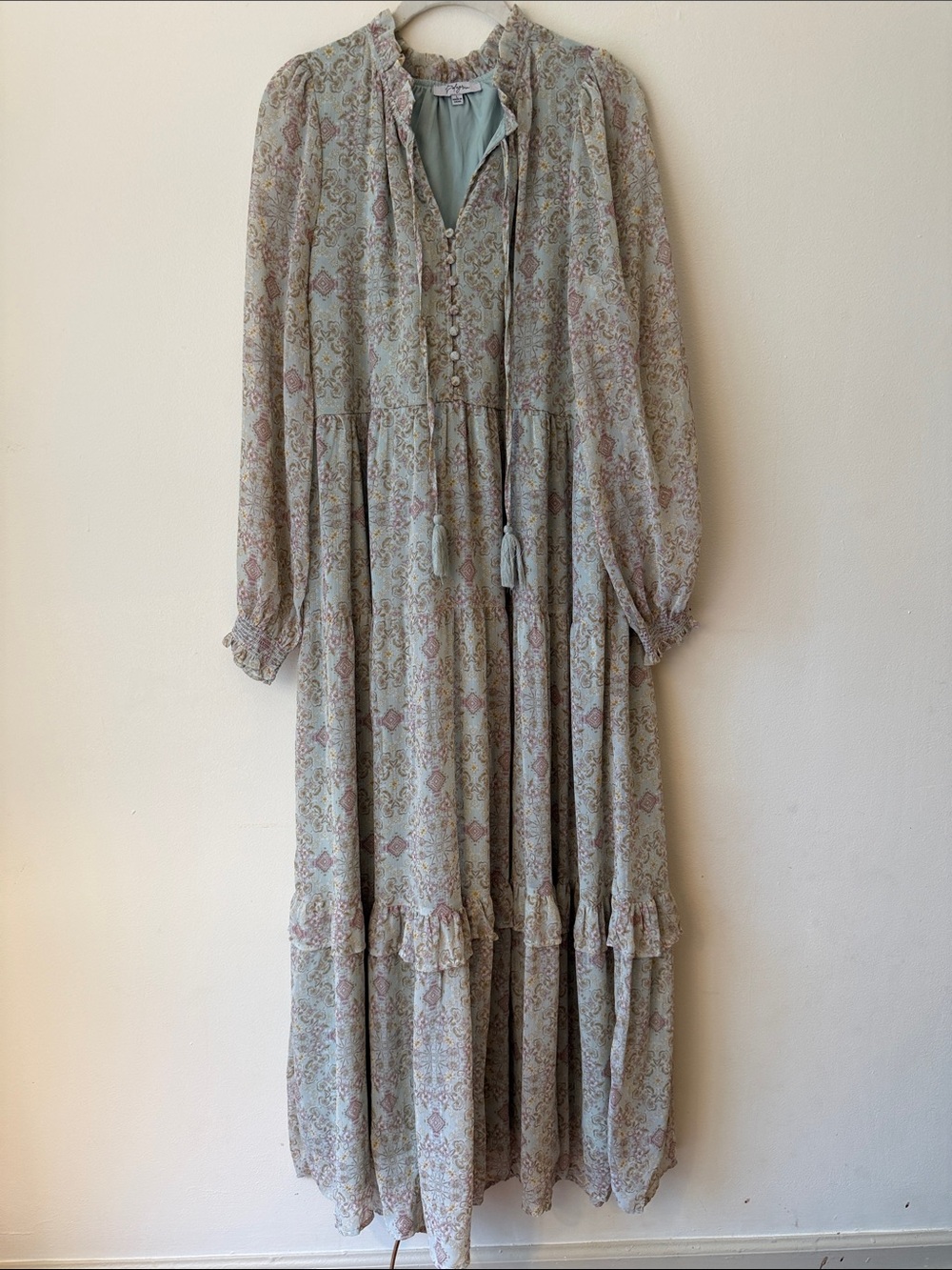 Polagram Sage Floral Ruffled Tiered Maxi Dress